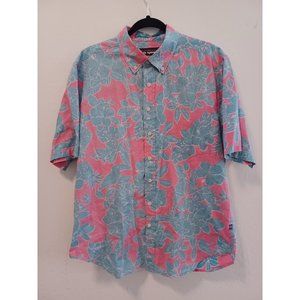 Reyn Spooner Hawaiian Shirt Men Sz L Pink Green Floral Print Short Sleeve Cotton